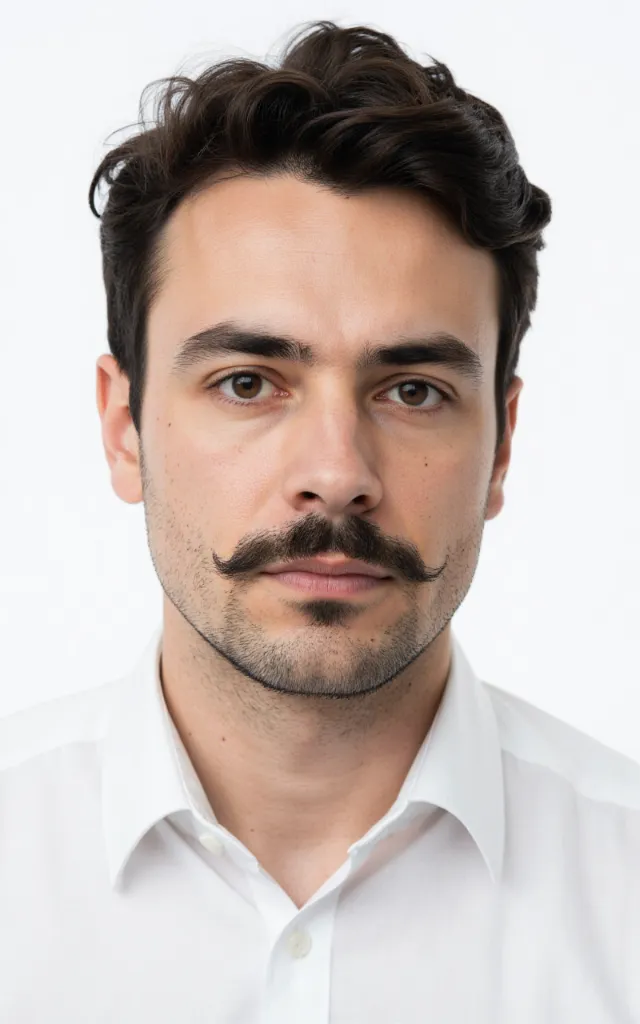 A French male model with a Mustache, wearing a shirt, against a white background, in a front   facing bust portrait